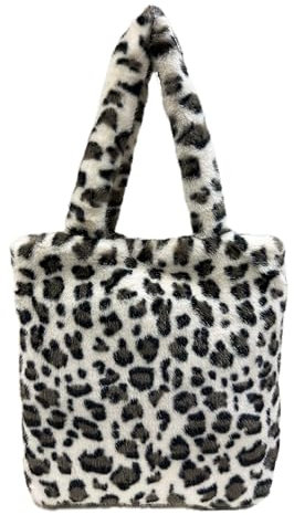 J26 Leopard Teddyfell Optik Shopper Tasche Schultertasche Henkeltasche Tote Bag Beutel Vlies Leo (Beige)
