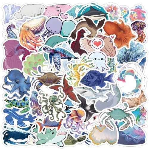 50pcs Ocean Animal Stickers - Waterproof Vinyl Decals for Water Bottles, Laptop, Computer, Car, Luggage, Cup, Phone, Skateboard, Bike & More - Ideal for Kids, Teens and Adults