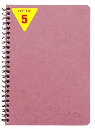 Clairefontaine 785666Cpack - Packung 5x Spiralbücher / Hefte Age Bag DIN A5 14,8x21cm, mit 3 Einstecktaschen, 60 Blatt liniert 90g, Altrosa, 5 Stück