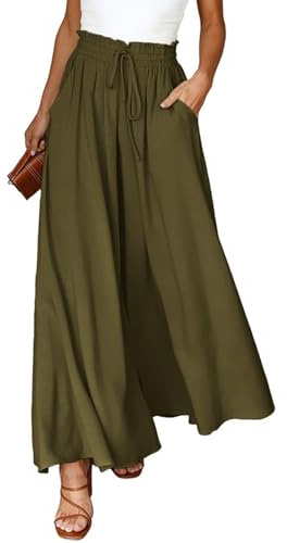 Voqeen Mujer Pantalones Verano Frescos Casual Pantalon Pierna Ancha Cintura Alta Elástico con Bolsillos Cómodo Pantalones de Trabajo Anchos Oficina