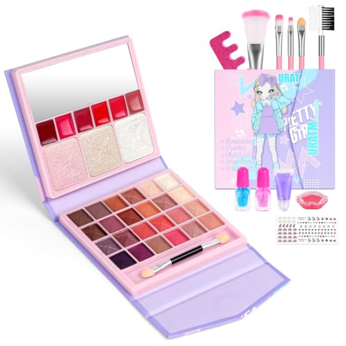 Aomig Kinderschminke Mädchen 36 PCS Waschbar Kosmetikset 33Farben Prinzessin Make Up Spielzeug mit Nagellack Lippenstift Schminkkoffer Mini Spielzeug Halloween Weihnachts Geburtstags Geschenk (A-Lila)