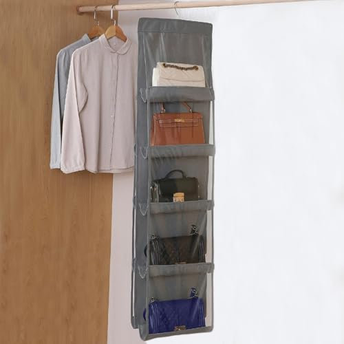 CJWLKJ 10 Pockets Hanging Purse Handbag Organizer Clear Hanging Shelf Bag Collection Storage Holder Purse Bag Wardrobe Closet Space Saving Organizers (Grey)