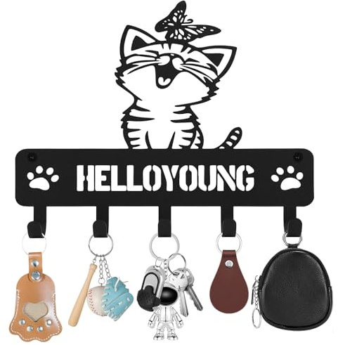 Lvjkes Schlüsselhalter, Schlüsselkasten Aus Metall Mit 5 Haken, Multifunktionaler Einsatz, für Schlafzimmer, Eingänge, Garagen (Katze/Schmetterling)