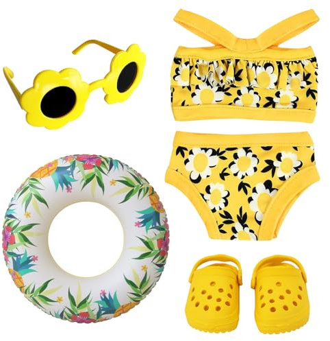 KUWUNG Schwimm-Set für Puppen, Sommer Puppenkleidung Puppenzubehör Kleidung Outfits für Baby Puppen Schwimmset für Puppen mit Badeanzug Schwimmring Sonnenbrille Clogs für 35-45 cm New Born Baby Puppen