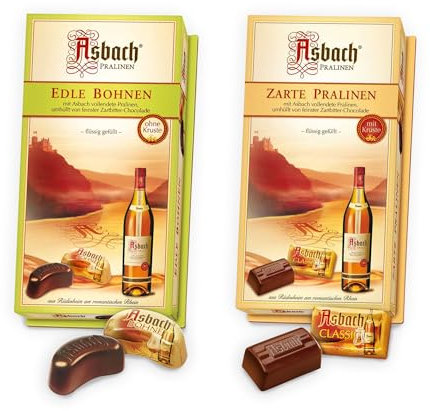 Asbach RCP Pralinen-Set mit und ohne Zuckerkruste – Weinbrand-Bohnen (100 g) & Pralinen in edler Zartbitterschokolade (125 g) – Für Liebhaber feiner Spirituosen & klassischer Schokoladenspezialitäten
