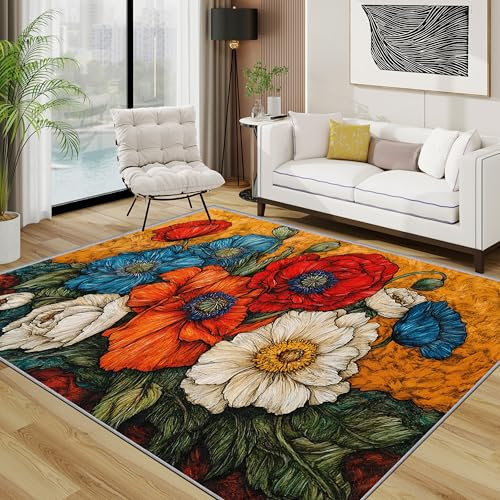 Generisch Mohn Teppich, Bunt Floral Blumen Teppiche rutschfest Waschbar Weich, Mehrfarbig Blumen Gemälde Wohnzimmerteppich Schlafzimmer Jugendzimmer, 120x180 cm, Blau Weiß Rot