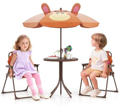 COSTWAY Table de Pique-Nique Enfant en Motif Singe avec Parasol Amovible & Réglable, Table de Jardin Extérieur avec 2 Chaises Pliantes, Table d’Activités pour Jardin Terrasse Patio, 3-6 Ans