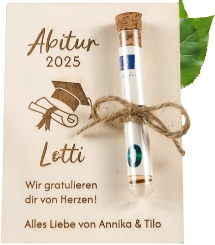 HOFMEISTER® Personalisiertes Geldgeschenk zum Abiturabschluss 2025 – Holzkarte & Wunscherfüller mit Reagenzglas & Gravur – Geschenkidee zur Graduierung – Motiv Abitur – 14,8 cm