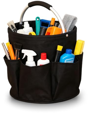 Putzmittel Organizer 28 x 28 cm, Faltbarer Putztasche, Mit Griff, Schwarz | und 6 Fächern,Werkzeugtasche Aufbewahrungskorb, Tragbarer Einkaufskorb, Reinigungstasche für Innenbereich,Garten,Badezimmer