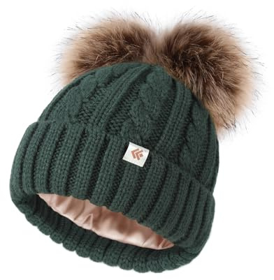 Creekstone Bommelmütze Kinder, Satin-gefüttert, Wintermütze Babys, Jungen, Mädchen, warme Beanie mit doppelten Pom Pom, 1–7 Jahre
