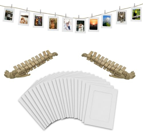 Paquete de 20 marcos de fotos de papel blanco de 4 x 6 pulgadas con cuerda para colgar y clavijas para pancarta de fotos, exhibición y decoración de eventos