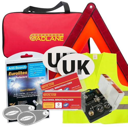 GADLANE European Driving Kit 2026-8 PCS Europe Car Travel Kit France | with Alcohol Breathalysers, Warning Triangle, UK Sticker, Hi-Vis Vest, Eurolites Headlight Deflectors, Bulb Kit, Storage Bag