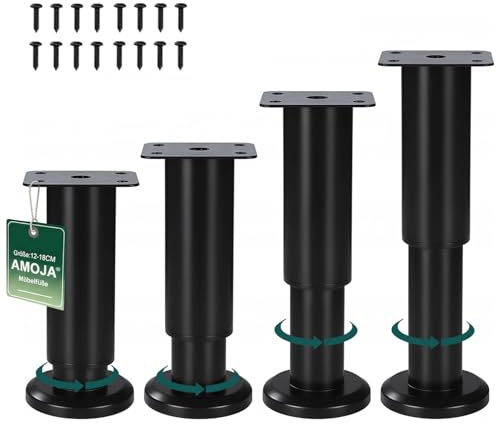 AMOJA 4 Stück Möbelfüße Verstellbar 12-18cm, Metall-Ersatzfüße für Möbel | Möbelbeine mit Gummi-Antirutsch-Pads, Tragkraft bis 450 kg, passend für Betten, Sofas, Schränke, Badezimmerschränke &Tisch