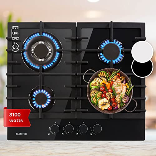 Klarstein Gas Cooker, 4 Burners Gas Hob, 8100W Built In Four Ring Electric Hob, Campervan Cooktops Stainless Steel Glass Top Wok Burner, 4 Ring Kitchen Stoves LPG Cooker Burners Units