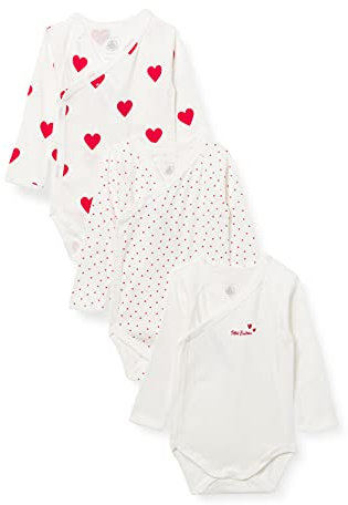 Petit Bateau Lot de 3 Bodies Croisés Cœur Rouge Manches Longues Bébé en Coton Biologique 0 Mois
