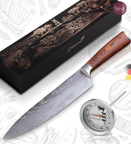 Caridano® Messerset - Fleischmesser inkl. Bratenthermometer - Kochmesser mit ergonomischem Holzgriff aus Pakka Holz - Küchenmesser aus hochwertigem MOV Stahl mit Damast Lasermuster - Knife Set