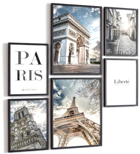 Papierschmiede® Mood Poster Set Paris, Rahmen optional, 6 Poster, Größe wählbar, Bilder Wohnzimmer Deko Schlafzimmer, Eiffelturm Frankreich Triumphbogen Bilderwand