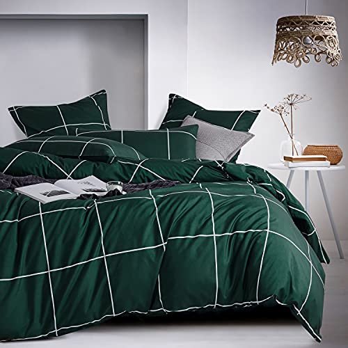 Sacebeleu Bettwäsche Kariert 200x200cm Dunkelgrün Grün Gitter Karo Geometrisch Wendebettwäsche Set Doppelbett Moderne Bettbezug und 2 Kissenbezüge 80x80cm mit Reißverschluss