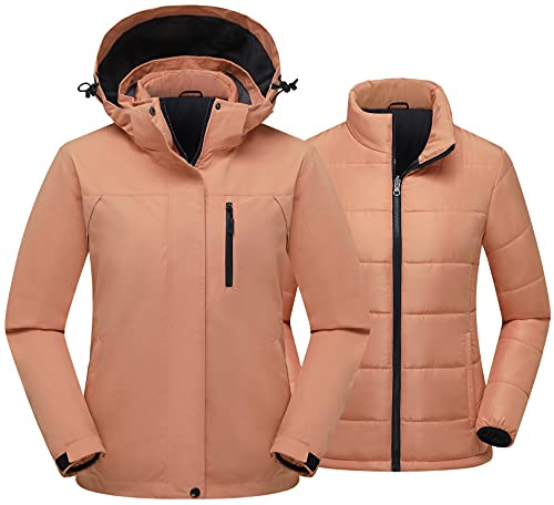 PTSOC Chaqueta de esquí 3 en 1 para mujer, impermeable, resistente al viento, invierno, nieve, senderismo, snowboard, chaqueta con capucha, New Pink Crossdye, M