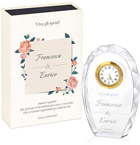 Maverton Crystal Statuette with clock - Personalized plaque - Glass clock keepsake with engraving - Great gift idea - Gift for couples - WEDDING DAY