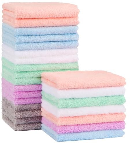Orighty Lot de 24 Gants de Toilette pour bébé en Microfibre Polaire Corail Super Doux et absorbants adaptés aux Nouveau-nés et aux Tout-Petits, Doux pour la Peau Sensible du Visage 17,8 x 22,9 cm