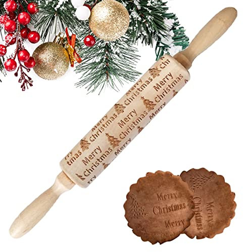 Teigroller mit Prägung Weihnachten, XiXiRan Weihnachten Prage Nudelholz, Holz Nudelholz Muster, Backrolle Weihnachtsmotiv, Präge Nudelholz mit Kugellager, Teigroller Muster Weihnachten (S)