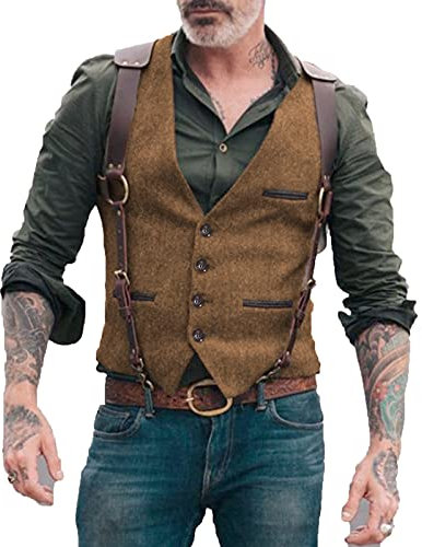 HSLS Herren Herringbone Wollwesten Tweed Anzug Westen Vintage Retro Slim Fit(L, Braun)