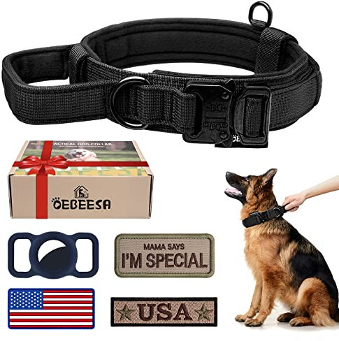 Taktisches Hundehalsband Verstellbares Militärhalsband Nylon K9 Halsbänder mit Kontrollgriff und robuster Metallschnalle für mittlere und große Hunde mit 3 Patches und AirtagCaseHalterung (L,