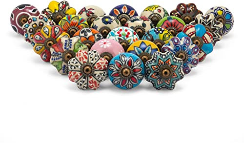 Rasiya Art Asstored Multicolour Ceramic Knobs for Dresser Drawers - Multicolour Countryside Cabinet Door Pull Handles for Kitchen Wardrobes Boho Home Interior Decor - Pack of 25