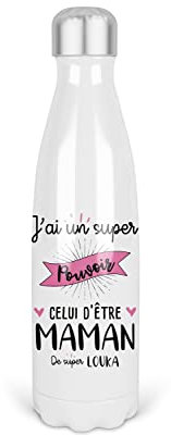 Bouteille isotherme prénom personnalisable Maman Super Poivoir | Gourde isotherme | Fête des mères | Cadeau maman personnalisé