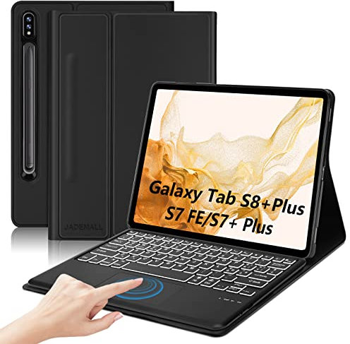 JADEMALL Custodia Tastiera con Trackpad per Samsung Galaxy Tab S7 FE/Tab S7+ Plus/Tab S8+ Plus 2022 12.4 2021, Italiana-Layout Tastiera Bluetooth per Samsung Tab S8+/S7+ 12.4 Pollici, Nero
