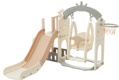 Merax Rutsche für Kinder, 5 in 1 Kinderrutsche mit Schaukel, Kletterleiter, Basketballkorb, Aufbewahrungsbox, Kinder Spielplatz Gartenrutsche für In- und Outdoor, Hinterhof Baby Rutsche Set, Rosa