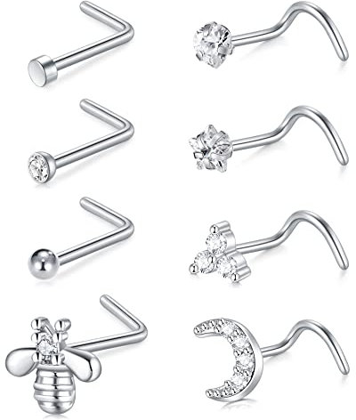 Crdifu 8pcs Nose Studs Screw L Shaped Nose Ring 18 Gauge Silver Piercing Jewellery CZ Bee Moon Surgical Steel