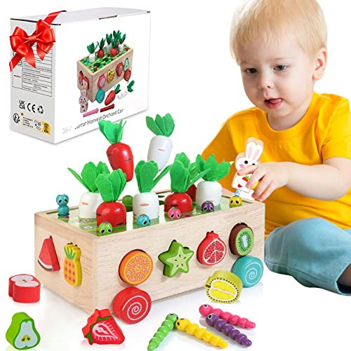 Tirgerca Montessori Spielzeug 2 Jahre | Holzspielzeug 2 Jahre | Montessori Sortierspiel Holzpuzzle Karottenernte | Lernspielzeug Geschenk für Kinder Kleinkind ab 2 3 4 Jahr | 7 in 1 Holzspielzeug
