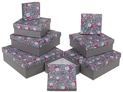 8-teiliges Set Geschenkschachteln Geschenkboxen Geschenkkarton, 8 Stück Geschenkkartonage Boxenset Weihnachten Geburtstag Hochzeit, ca. 22,5 x 22,5 x 8 cm (Grau mit Frühlingsblumen)