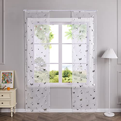 HeichkelL Voile Schiebegardinen Transparent Vorhang Schmetterling Muster Flächenvorhänge 2er Set Panneaux Gardinen Silber mit Klettband BreitexHöhe 57x145 cm