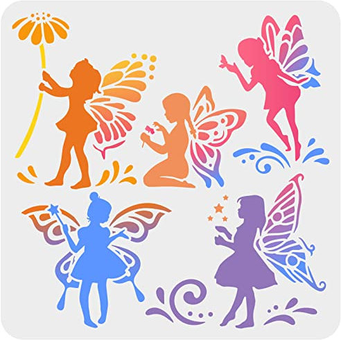 FINGERINSPIRE Feen Schablone 30x30cm Wiederverwendbare Schmetterlings Blumen Feen Zeichnungsvorlage DIY Art Little Fairy Stencil Dream Theme Stencil For Painting On Wall, Holz, Stoff, Papier, Möbel
