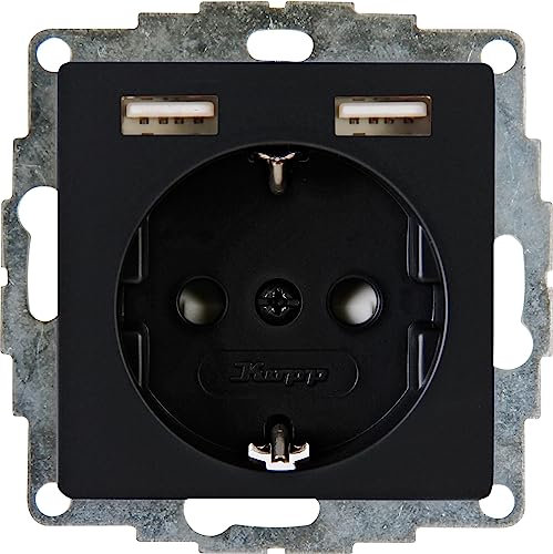 Kopp Athenis Schutzkontakt-Steckdose, 1-fach mit 2 x USB Ladebuchsen, 16A, 250V~, Ausgangsstrom der Ladebuchsen max. 2400mA/5V, IP20, schwarz, matte Oberfläche, 296250082