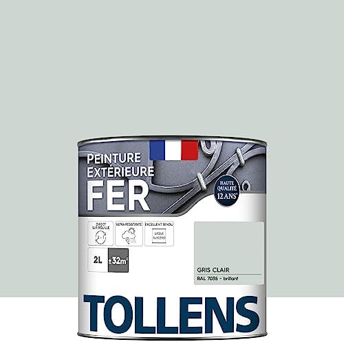 Tollens - Peinture extérieure fer 2 en 1 - Ultra Résistante - Protection antirouille - Laque Riche en Résine - Sans Sous-Couche - Entretien Facile - Brillant - Gris Clair - 2L = 32m2