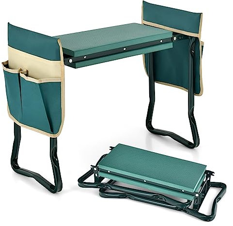 COSTWAY Inginocchiatoio da Giardino 2 in 1, Sgabello da Giardino Portatile e Pieghevole per Inginocchiare e Sedere, Sedile per Giardinaggio con 2 Tasche Porta Attrezzi e Materassino Ampio