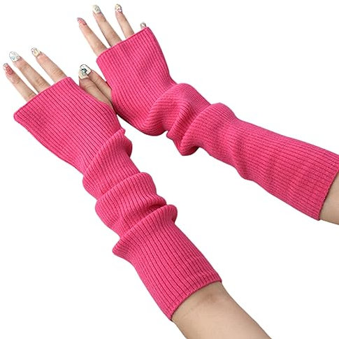 OTKARXUS Women Long Fingerless Gloves,1Pair Knit Long Sleeve Arm Warmers,Winter Warner Elbow Length Mittens with Thumb Hole for Ladies Women Girls (Rose Red)