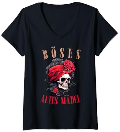 Damen Böses Altes Mädel Totenkopf Schädel Rosen Bikerin Bandana T-Shirt mit V-Ausschnitt