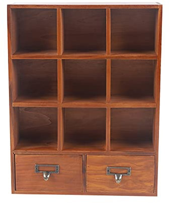 CLEADONG Setzkasten Vitrine 9 Würfel, Kiefer Natur Sammlerkasten, Hängeschrank Wandvitrine, Display Rack mit 2 Schubladen und Metallgriffe Braun, Größe: 33,3x10x42,5cm