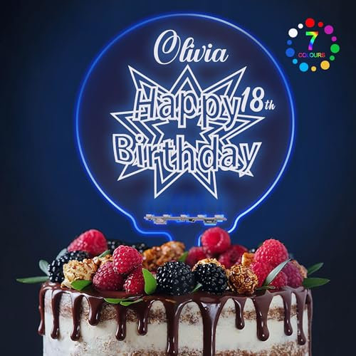 LED Personalised Cake Topper 7 Colour Changes Light Up Happy Birthday Cake Topper Acrylic Birthday Cake Toppers Cake Decorations for 1st 10th 16th 18th 20th 21st 30th 40th 50th 60th(Design 1)