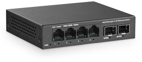 YuLinca 6 Port 2.5G Easy Web Managed Switch, 4 x 2.5Gbps Base-T Ports and 2 x 10G SFP+ Slot, Support LACP/QOS/VLAN/IGMP, Mini Metal Fanless 2.5Gb Managed Switch