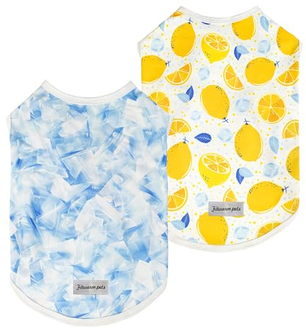 Fitwarm Ice Lemon Hunde-Shirt, LSF 50+, UV-Sonnenschutz, leichte Kühlweste, schnell trocknende Sommerkleidung für kleine Hunde, Jungen, Mädchen, Haustier-Outfit, Blau, Gelb, Weiß, Größe S, 2 Stück