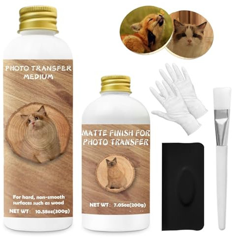 Foto Transfer Medium (300 ml) & Glanz Schutzlack (200 ml) zum einfachen Übertragen von Laserausdrucken, Zeitungsausschnitten und Zeitschriftenbildern auf Holz oder andere Untergründe