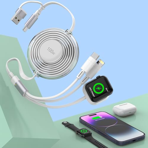 100W Retractable Multi 5-in-1 USB A/Type C to Lightning+USB C+Apple Watch Charger Cable,Super Fast Charging Cord for iWatch Series9 8 7 6 5 4 3 2 SE/iPhone 15 14 13 12 11/ iPad Pro/Samsung-White