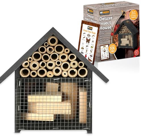 My Garden Bug Hotel Wooden Bee Hotels for Gardens UK With Bug Chart - Weather Resistant Hanging Insect Hotel for Ladybug Butterfly Wild Bees - Eco Friendly Bamboo Nesting Habitat - Grey