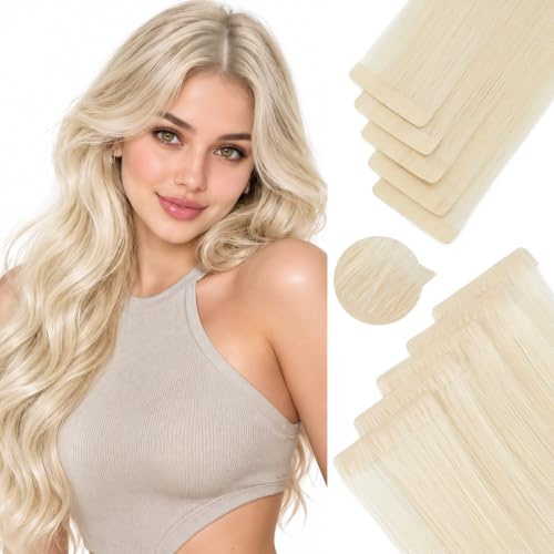Silk-co unsichtbare Tape Extensions Echthaar, Tape in Extensions Echthaar 10stk 25g, Echthaar Extensions Tape, Invisible Haarverlängerung Echthaar Platinblond 50cm